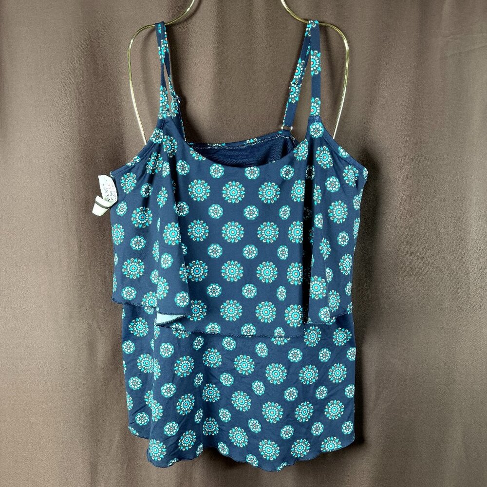 Lands' End Women's L Scoop Neck Tiered Tankini Swimsuit Top Navy Encircle Geo  P
